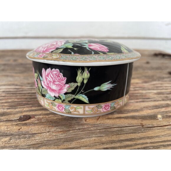 Vintage 1980s Lefton Pink Black Rose Porcelain Trinket box Round - Picture 7 of 10